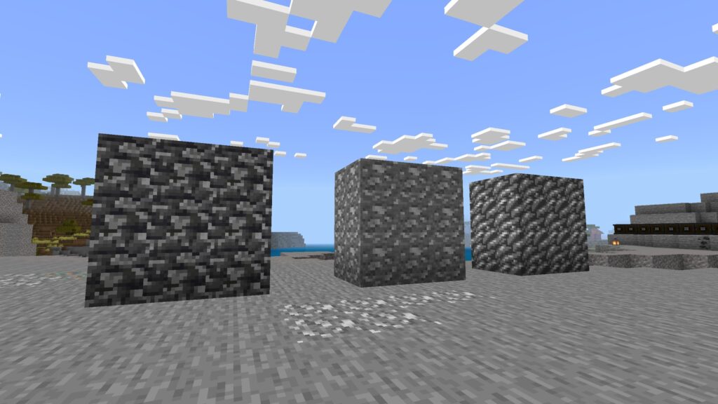 A stack of deepslate zinc ore, normal zinc ore, and blocks of raw zinc