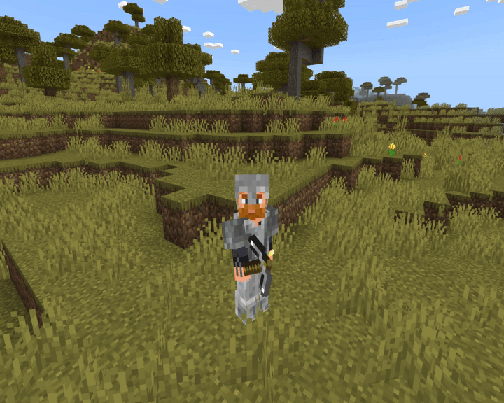 A third person view of a player wearing steel armor and wielding a steel pickaxe