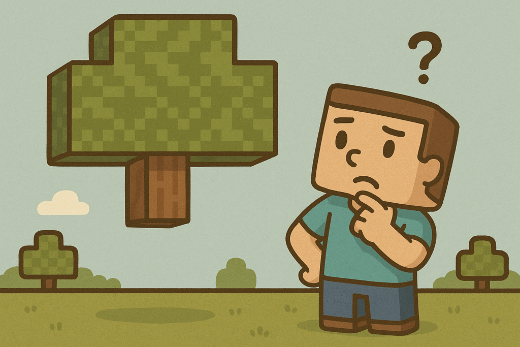 A Minecraft player pondering a tree that's floating in mid-air.