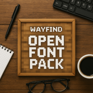Wayfind Open Font Pack on a wooden tray sitting on a computer desk.